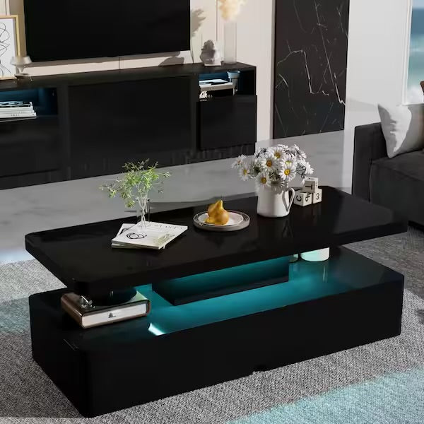 IKIFLY LED High Glossy Coffee Table, Modern Coffee Table for Living Room, 2 Tiers Rectangle Design Table with 16 Colors LED Lights Black