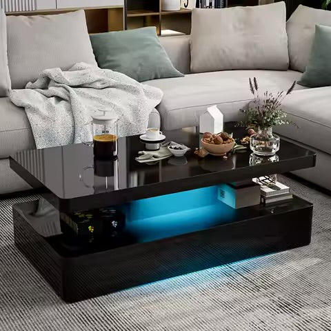 IKIFLY LED High Glossy Coffee Table, Modern Coffee Table for Living Room, 2 Tiers Rectangle Design Table with 16 Colors LED Lights Black