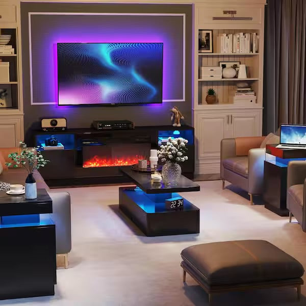 IKIFLY LED High Glossy Coffee Table, Modern Coffee Table for Living Room, 2 Tiers Rectangle Design Table with 16 Colors LED Lights Black