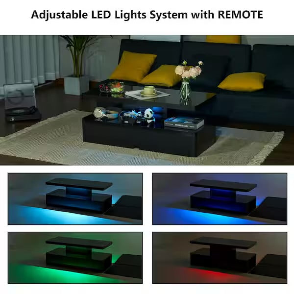 IKIFLY LED High Glossy Coffee Table, Modern Coffee Table for Living Room, 2 Tiers Rectangle Design Table with 16 Colors LED Lights Black