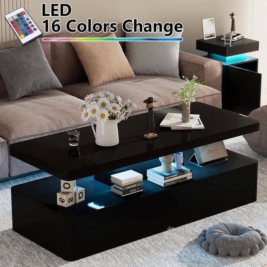 IKIFLY LED High Glossy Coffee Table, Modern Coffee Table for Living Room, 2 Tiers Rectangle Design Table with 16 Colors LED Lights Black