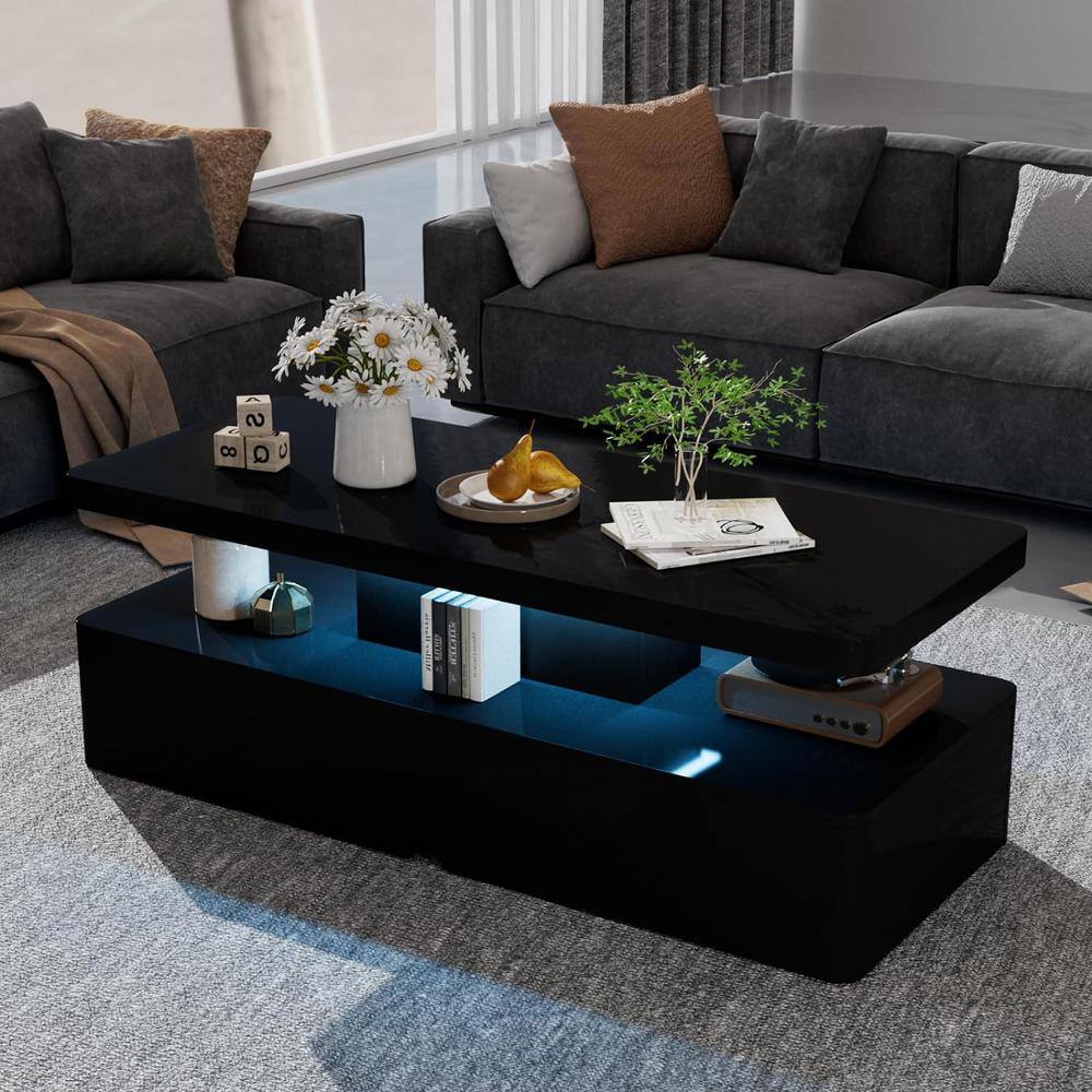 IKIFLY LED High Glossy Coffee Table, Modern Coffee Table for Living Room, 2 Tiers Rectangle Design Table with 16 Colors LED Lights Black