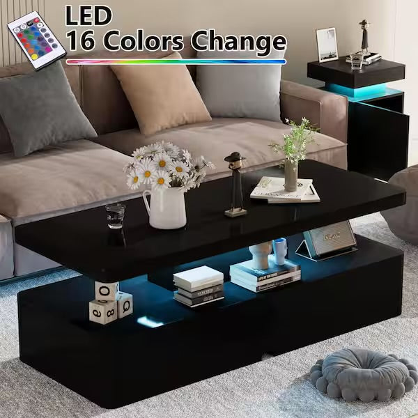 IKIFLY LED High Glossy Coffee Table, Modern Coffee Table for Living Room, 2 Tiers Rectangle Design Table with 16 Colors LED Lights Black