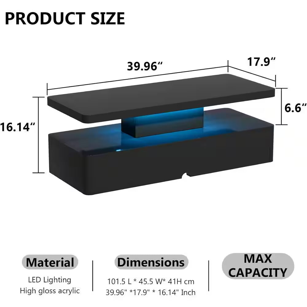 IKIFLY LED High Glossy Coffee Table, Modern Coffee Table for Living Room, 2 Tiers Rectangle Design Table with 16 Colors LED Lights Black
